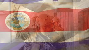 Costa Rican flag and emblem overlaying soldiers in tactical gear. Military, patriotism, national pride, defense, armed forces, camouflage - Powered by Shutterstock - Get 15% off with code: PIKWIZARD15