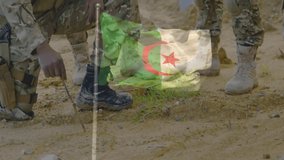 In animation, soldiers in camouflage gear with Algerian flag in outdoor setting. Military, warfare, patriotism, unity, teamwork, national pride - Powered by Shutterstock - Get 15% off with code: PIKWIZARD15