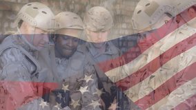 Collaborating, military personnel in uniform with American flag animation overlay. Teamwork, patriotism, defense, armed forces, strategy, unity - Powered by Shutterstock - Get 15% off with code: PIKWIZARD15