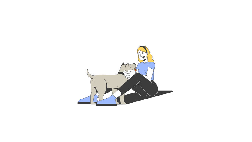 Smiling blonde woman sitting on ground, petting friendly dog 2D character animation. Caucasian girl enjoying joyful moment with pet animated person cartoon 4K video isolated on white transparent
