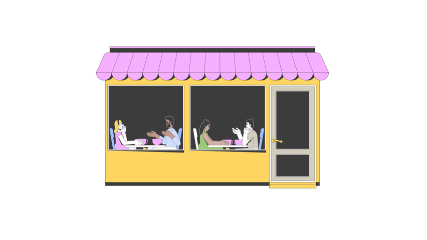 Awning cafe exterior showing customers sitting at tables inside 2D characters animation. Coffeeshop. Coffee shop diverse people talking animated people cartoon 4K video isolated on white transparent