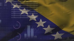 Bosnia and Herzegovina flag overlaying animation of financial charts and world map. Economy, global, finance, analytics, international, stock market - Powered by Shutterstock - Get 15% off with code: PIKWIZARD15