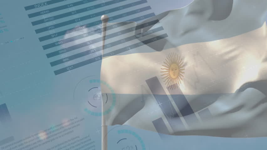 Argentinian flag waving over financial data charts and global map animation. Economy, finance, globalization, trade, analytics, investment - Powered by Shutterstock - Get 15% off with code: PIKWIZARD15