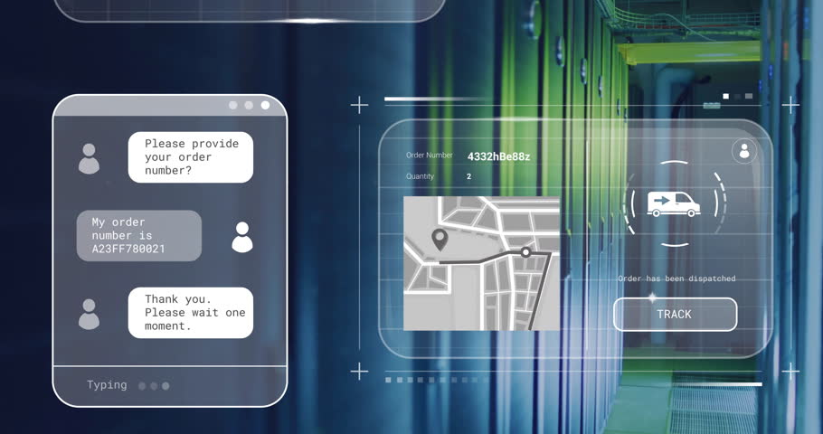 Animation of digital transaction interface overlaying data center servers with graphs. Technology, finance, innovation, cybersecurity, networking, data analysis