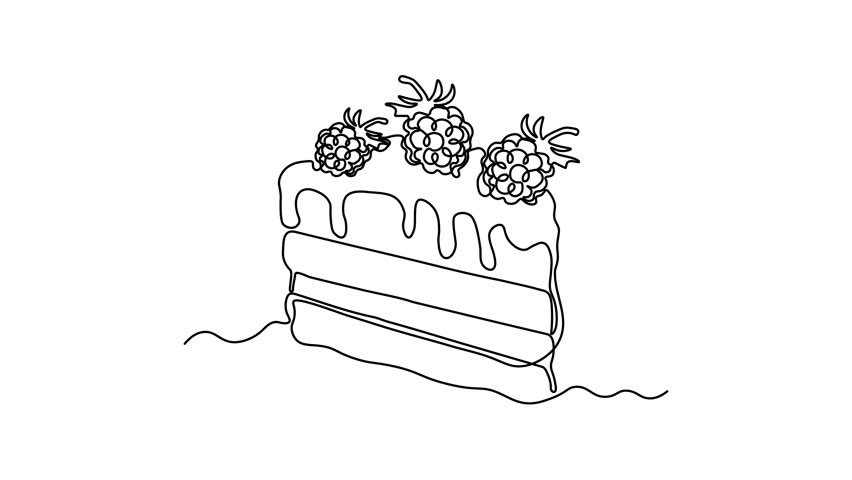 Dessert sweet piece of cake with raspberries, sweetness, Self drawing animation one continuous line draw, logo