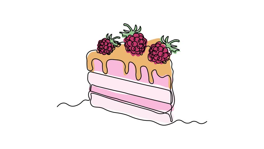 Dessert sweet piece of cake with raspberries, sweetness, Self drawing animation one continuous line draw, logo