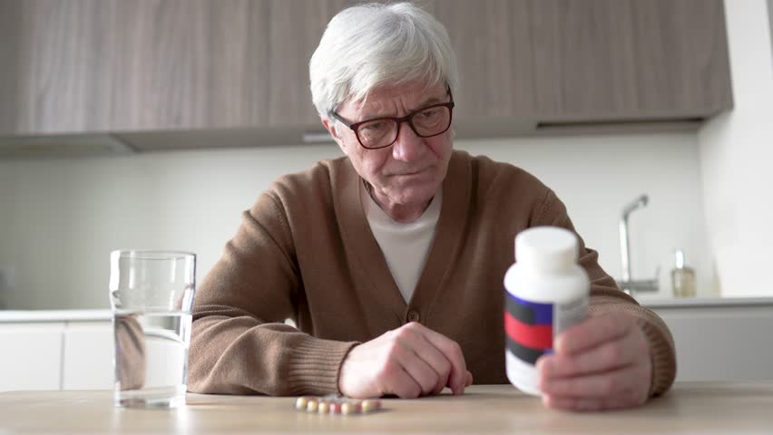 Nearsighted elderly man studying label on pill jar measuring daily dose. Dementia Alzheimer health issues, loneliness, aging struggle, memory loss, mental decline, daily routine, senior care