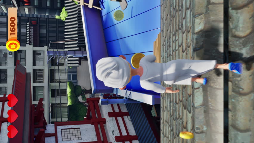 Vertical video of a girl hero running around obstacles in a fun mobile game. Vertical video of a challenging mission in a fun game. Vertical video of a character gathering yellow coins in a fun game.