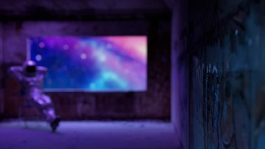 Astronaut sits on a chair in an abandoned, graffiti-covered room, gazing at a vibrant galaxy visible through a large window, evoking a sense of peaceful contemplation amidst urban. 3D Illustration