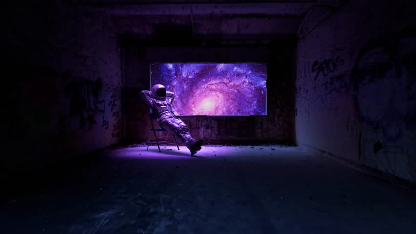 Astronaut sits on a chair, relaxing with hands behind head while observing a breathtaking spiral galaxy through a window in a dark, graffiti-covered room, bathed in a purple glow. 3D Illustration