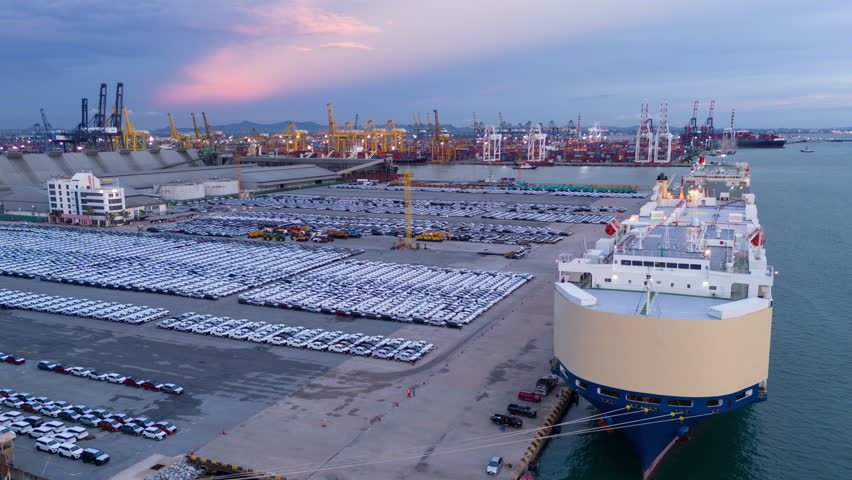 time lapse Many new cars running cargo ship, Ro-Ro Ship for import export shipping cars by Vessel Freight forwarding service ship, Logistics transportation dealer shipping Cars Cars Export Terminal
