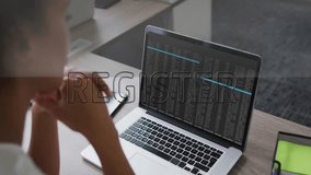 REGISTER text animation over person using laptop with data on screen. Technology, digital, registration, online, business - Powered by Shutterstock - Get 15% off with code: PIKWIZARD15