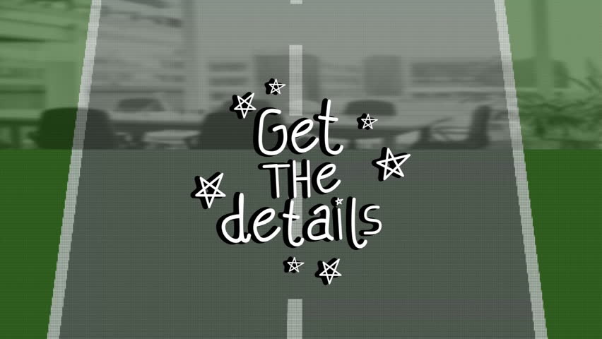 Animation of two cars on road with Get details text and star designs. Transportation, automotive, motion, advertising, star shape, travel