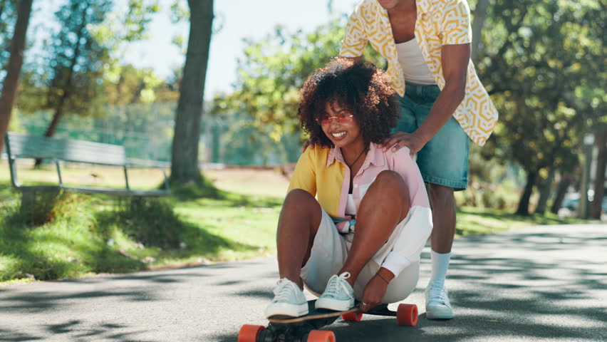 Skateboard, students and friends with woman in park for college vacation, spring break and urban fashion. Balance, push and energy with people in nature for skating, gen z youth and streetwear style
