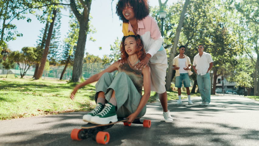 Skateboard, speed and friends with woman in park for college vacation, spring break and urban fashion. Balance, push and energy with people in nature for skating, gen z youth and streetwear style