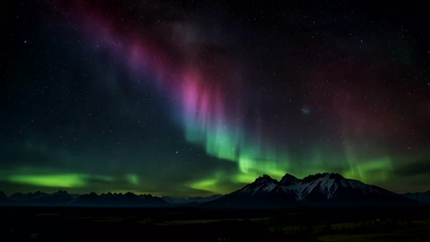 A symphony of light and dark unfolds in this image, where the dynamic aurora borealis paints the night sky above the serene mountains.