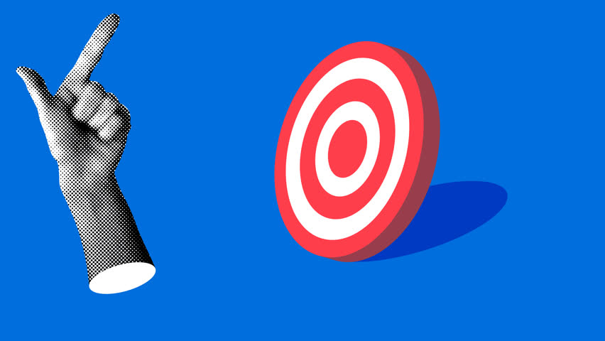Halftone hand points to the center of target. Index finger pointing at darts. Modern collage. Successful business idea. Hitting the target. Achieving the goal. Animation