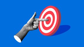 Halftone hand points to the center of target. Index finger pointing at darts. Modern collage. Successful business idea. Hitting the target. Achieving the goal. Animation - Powered by Shutterstock - Get 15% off with code: PIKWIZARD15