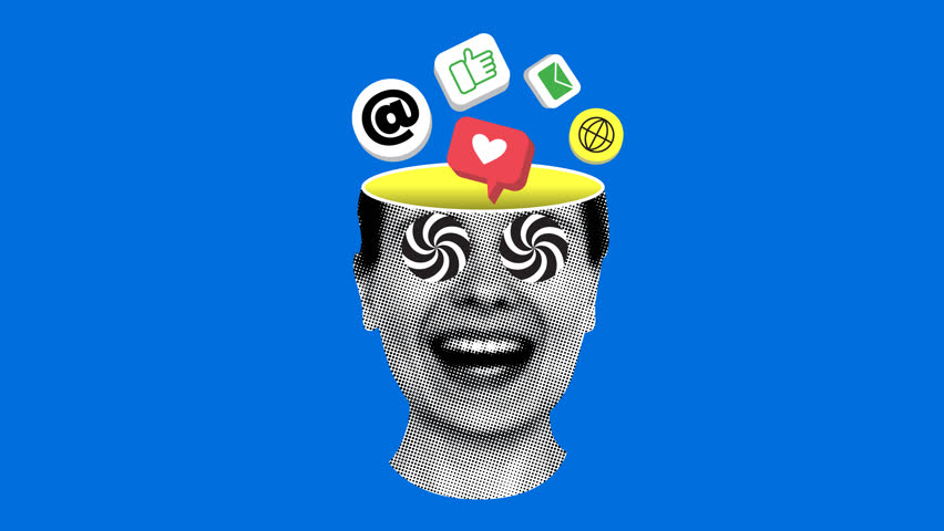 Social media addiction concept. Modern collage with icons of internet, email and like symbol inside female head. Social networks. Animation
