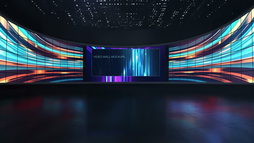 Virtual studio set with large led wall displaying abstract graphics