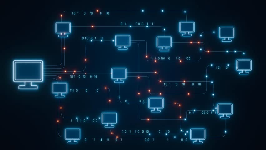 Computer network, communication, server, data exchange. Business, transfer, binary code, digital, technology, big data, system configuration. 3D animation - Powered by Shutterstock - Get 15% off with code: PIKWIZARD15