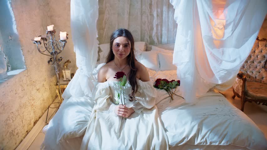 Retro date of a young couple. They sit at the table and drink wine, talk and joke. There are seafood on the table. 
They dance and watch the sunset. A beautiful young girl with a bouquet of roses. Ret