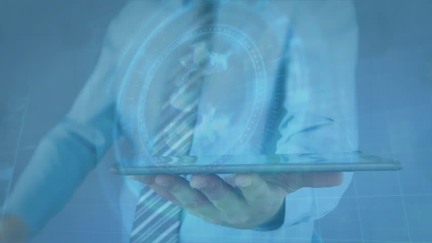 Holding tablet, businessman analyzing digital data with processing animation overlay. Technology, analysis, innovation, futuristic, information - Powered by Shutterstock - Get 15% off with code: PIKWIZARD15