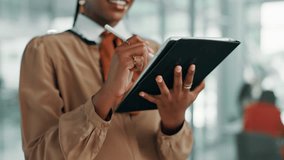 Business woman, creative editor and hands writing with tablet for content creation, agenda or tasks at office. African person, designer and browsing with technology and pen for online schedule or app - Powered by Shutterstock - Get 15% off with code: PIKWIZARD15