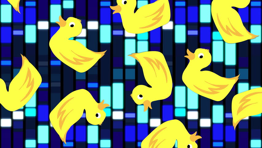 Yellow ducks animation over blue and black geometric pattern background. Cartoon, illustration, abstract, backdrop, vibrant, contrast - Powered by Shutterstock - Get 15% off with code: PIKWIZARD15