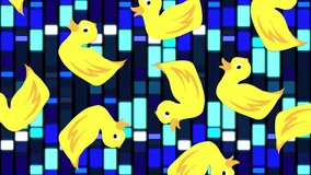 Yellow ducks animation over blue and black geometric pattern background. Cartoon, illustration, abstract, backdrop, vibrant, contrast - Powered by Shutterstock - Get 15% off with code: PIKWIZARD15