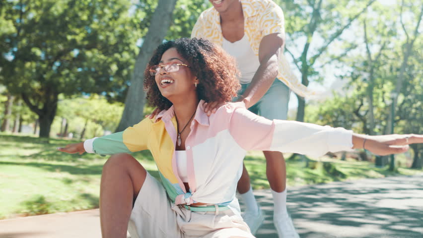 Skateboard, freedom and friends with woman in park for college vacation, spring break and urban fashion. Balance, push and energy with people in nature for skating, gen z youth and streetwear style