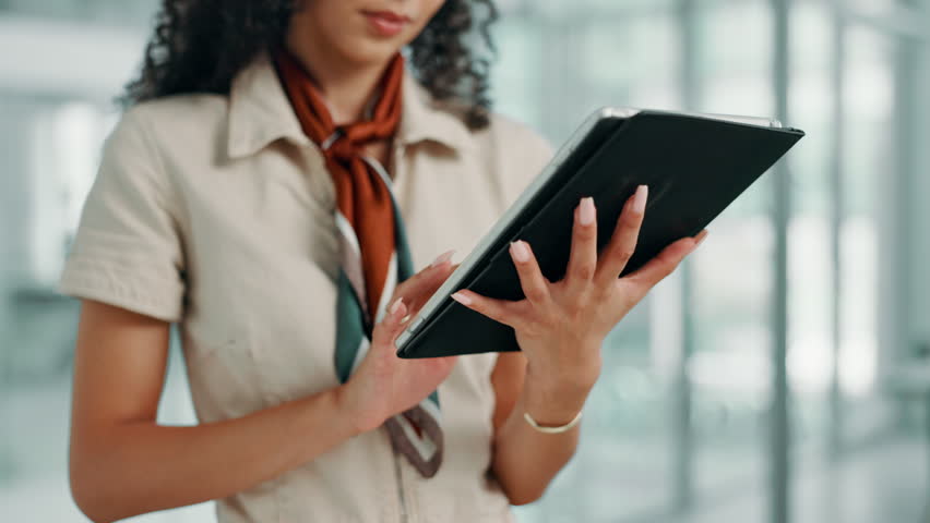 Tablet, business woman and hands on app in office for editing fashion magazine, catalog or scroll online. Technology, chat or worker check email, review or research design trends in creative startup