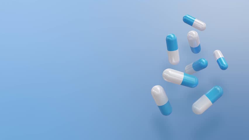 A looping animation of white and blue medical capsules slowly moving on a light blue background. A pill-themed backdrop with empty space for text.