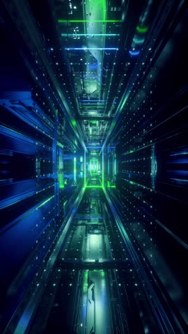3d vertical video, abstract urban virtual reality tunnel. Futuristic motion graphic. Blue neon light glow. Camera spinning around. Drone fast flying forward. Loop at 2K resolution.