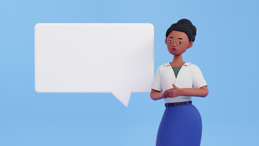 3D Female Narrator character with Speech Bubble. Business woman is presenting, speaking or narrating. Talking mouth, lips expressions, articulation, lip syncing. Looped animation, copy space, cartoon