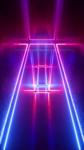 abstract background, neon frames, flight forward inside endless tunnel, ultraviolet light, pink blue glowing lines, looped vertical video