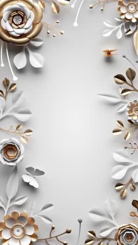 decorative frame of paper flowers growing and appearing, white gold botanical vertical video with blank space for text. Wedding animated greeting card template