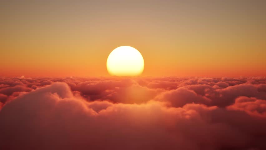 A commercial private jet flies through soft clouds against a picturesque sunset. The concept of travel, luxury and dreams of endless horizons. 3D animation.
