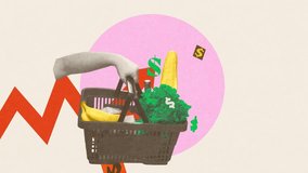Inflation. Shopping basket filled with groceries against background of rising price indicators and dollar symbols. Stop motion, animation. Concept of rising costs, grocery prices, economic crisis. - Powered by Shutterstock - Get 15% off with code: PIKWIZARD15