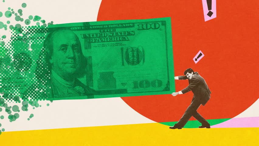 Man holding giant dollar bill, symbolizing burden of financial challenges amidst inflation and economic pressure. Stop motion, animation. Concept of inflation, financial crisis, market instability