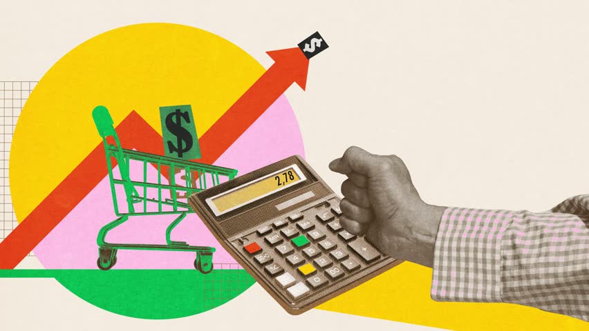 Hand holding calculator near shopping cart with dollar signs and price increase indicators. Budgeting challenges. Stop motion, animation. Concept of inflation, financial management, market instability