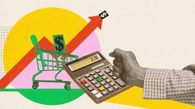 Hand holding calculator near shopping cart with dollar signs and price increase indicators. Budgeting challenges. Stop motion, animation. Concept of inflation, financial management, market instability - Powered by Shutterstock - Get 15% off with code: PIKWIZARD15