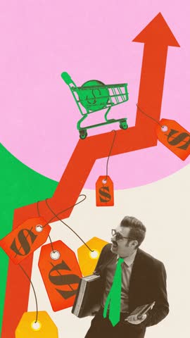 Businessman holding briefcase and calculator, surrounded by price tags and stock market indicators. Stop motion, animation. Concept of economy, business growth, rising costs, financial planning.