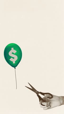 Scissors cutting green balloon with dollar symbol, illustrating inflation control and economic balance. Stop motion, animation. Concept of monetary policy, financial stability, money devaluation.