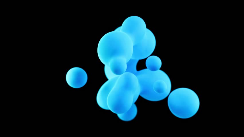 3d liquid blue blobs set animation loop. Abstract colored spheres in flight. Realistic render of bubbles on an isolated background. Illustration of lava lamp elements.