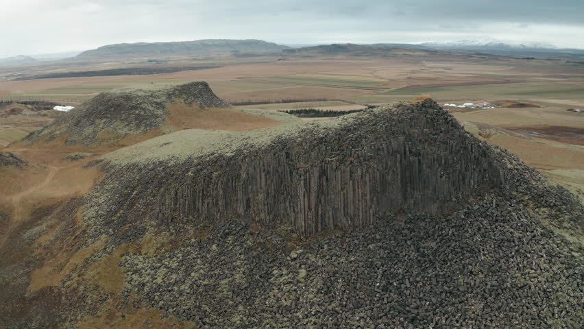 Hljóðaklettar, echo rocks on Iceland, wide drone shot from left to right