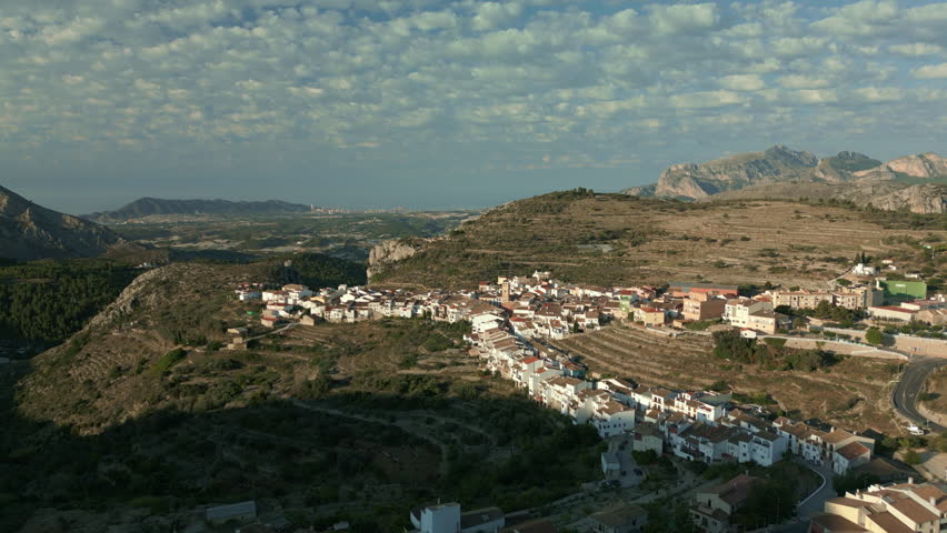 Aerial view of the village of Tarbena, Costa Blanca, Alicante, Valencian Community, Spain - stock video