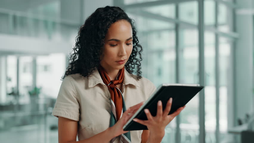 Tablet, business and woman online in office for editing fashion magazine, catalog or scroll app. Technology, chat or worker reading email, check review or research design trends in creative startup - Powered by Shutterstock - Get 15% off with code: PIKWIZARD15