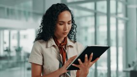 Tablet, business and woman online in office for editing fashion magazine, catalog or scroll app. Technology, chat or worker reading email, check review or research design trends in creative startup - Powered by Shutterstock - Get 15% off with code: PIKWIZARD15