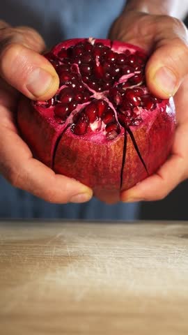 pomegranate grains close up vertical video. fruits cultivated in the Mediterranean region